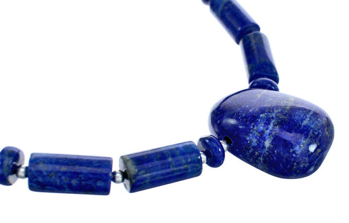 Southwest Sterling Silver Lapis Bead Necklace And Pendant KX120894